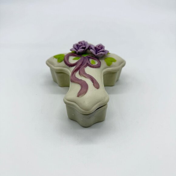 VTG Bisque Porcelain 3D Roses Cross Trinket Dish With Lid Cream Jewelry Box - Picture 3 of 6